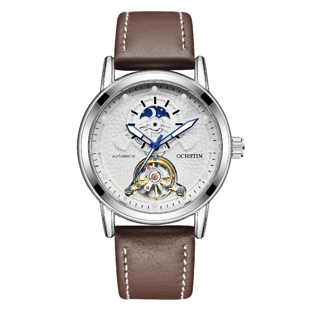 OCHSTIN Men Wrist Watch Automatic Self Wind Classic Day Night 24hour Indicator Luminous Luxury Tourbillon Skeleton Leather Strap