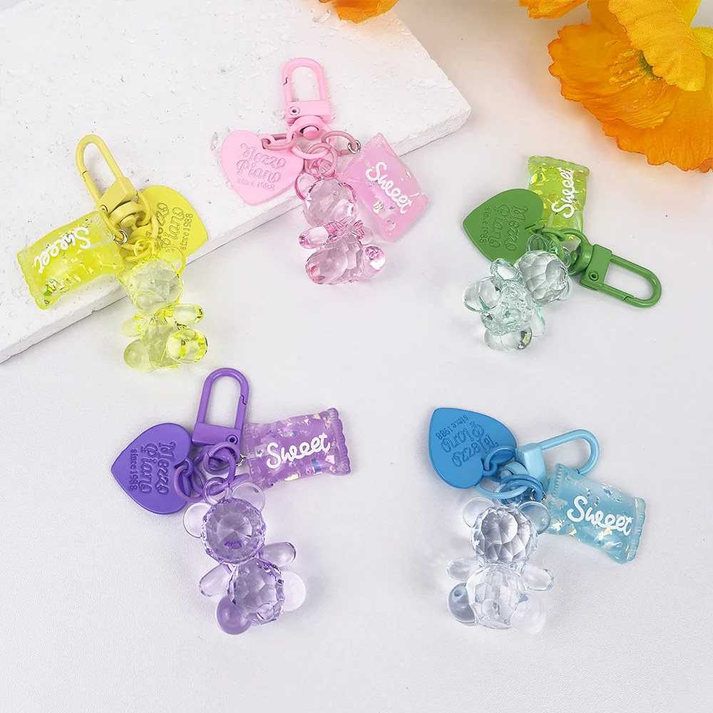 Cartoon Bling Transparent Bear Pendant Keychains With Metal Heart Tag Sweet Charms Keyrings Bag Ornament Car Trinket Accessories