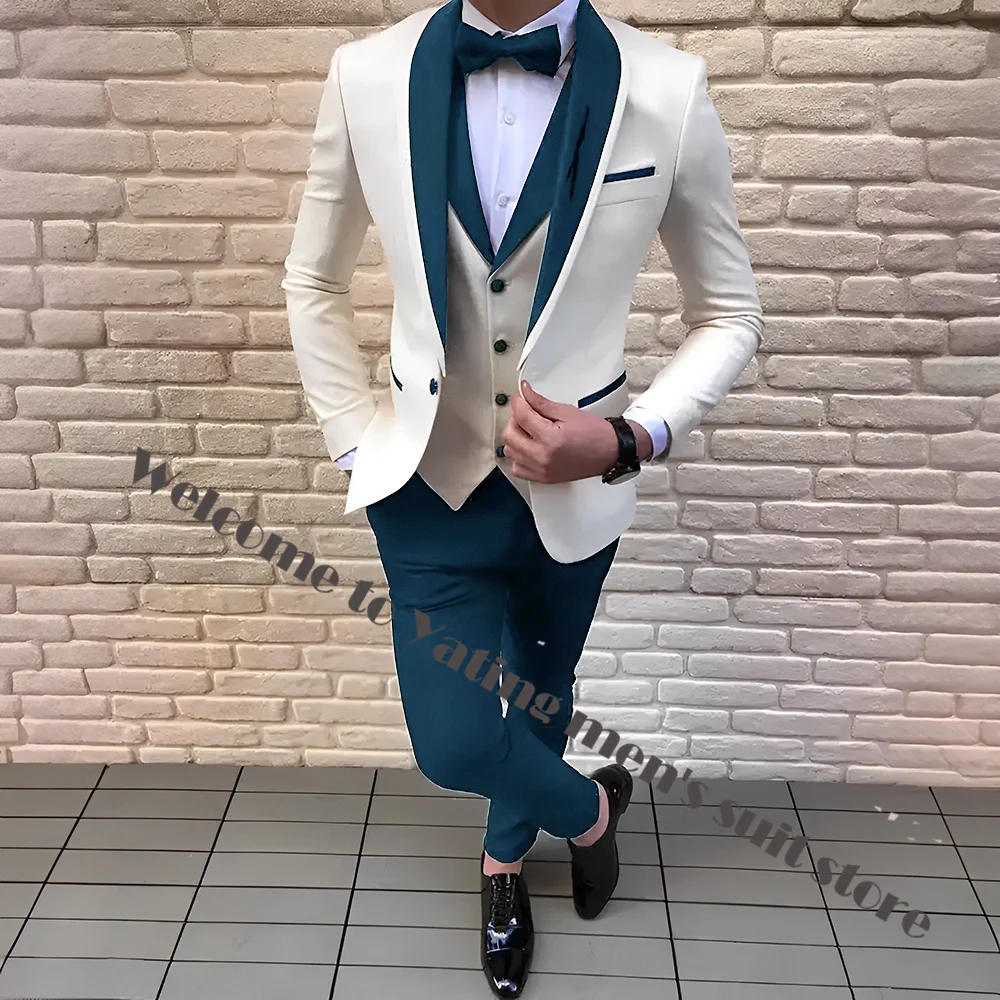 Handsome Men Suits 3 Pieces Ivory Blazer Sets Red Shawl Lapel Groomsmen Formal Party Suit Groom Tuxedo For Wedding