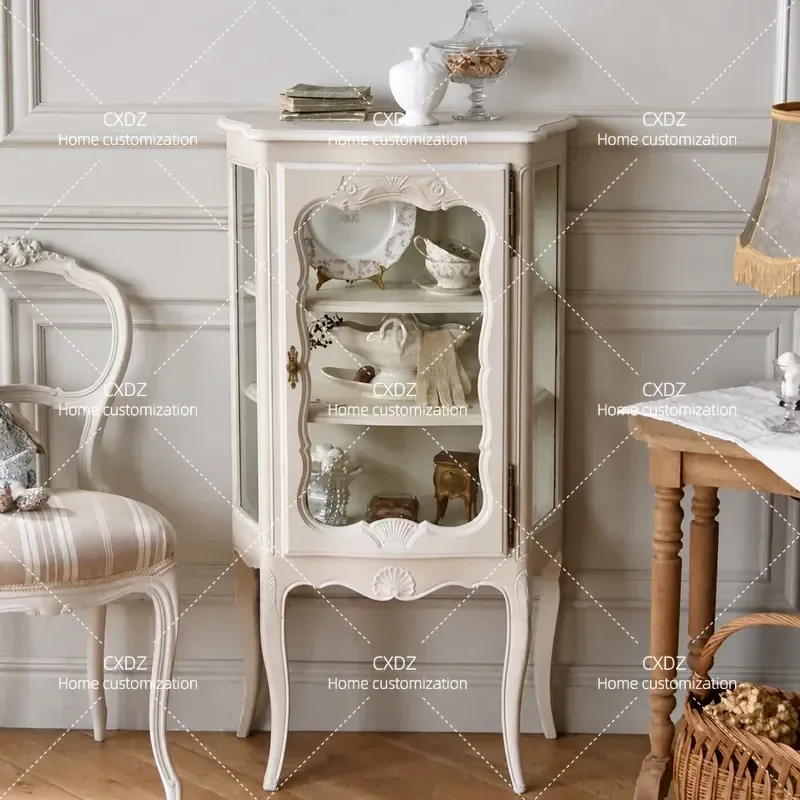 White Carved Glass Door Wine Cabinet Retro Display Locker for Living Room Dining Room Customizable Storage Furniture