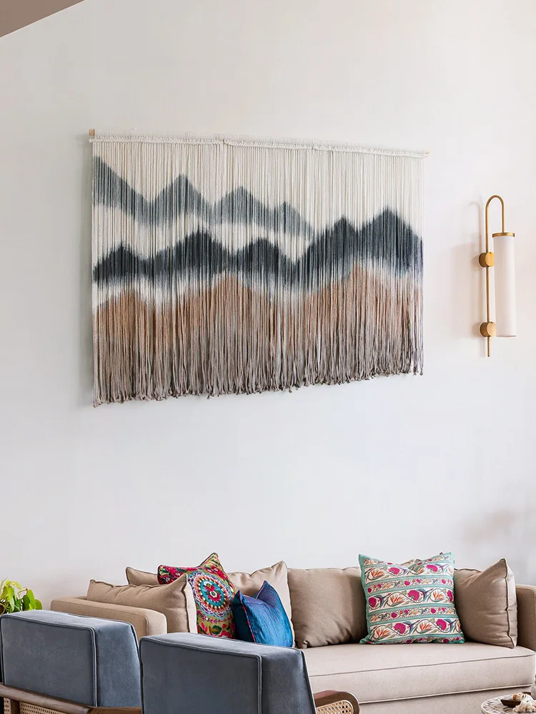 Bohemian Handwoven Tassel Mountain Landscape Painting Tapestry Nordic Style Room Living Room Background Wall Decorations