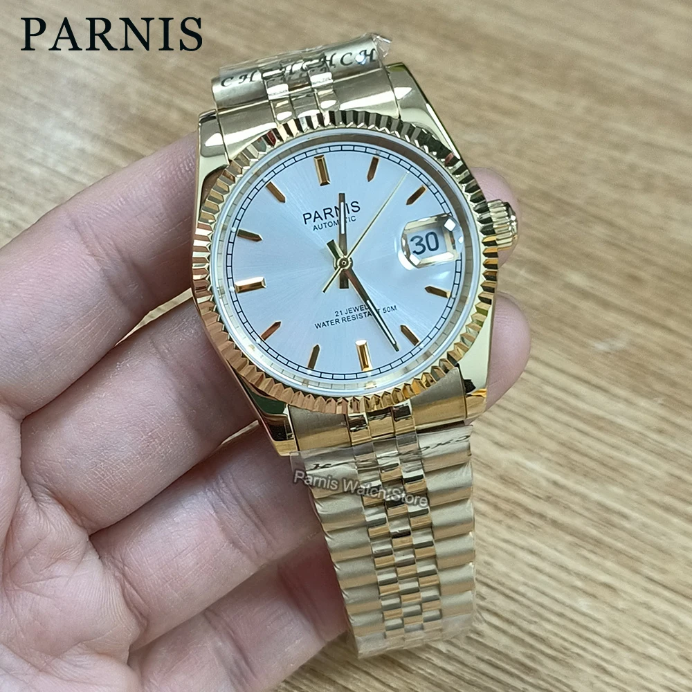 Parnis 36mm Luminous Mark Automatic Men\'s Wristwatch 5 ATM Stainless Steel Jubilee Bracelet