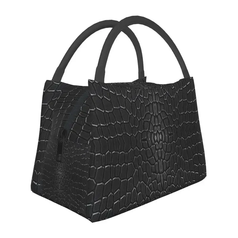 Black Crocodile Skin Leather Thermal Insulated Lunch Bag Alligator Texture Lunch Tote for Office Outdoor Storage Meal Food Box