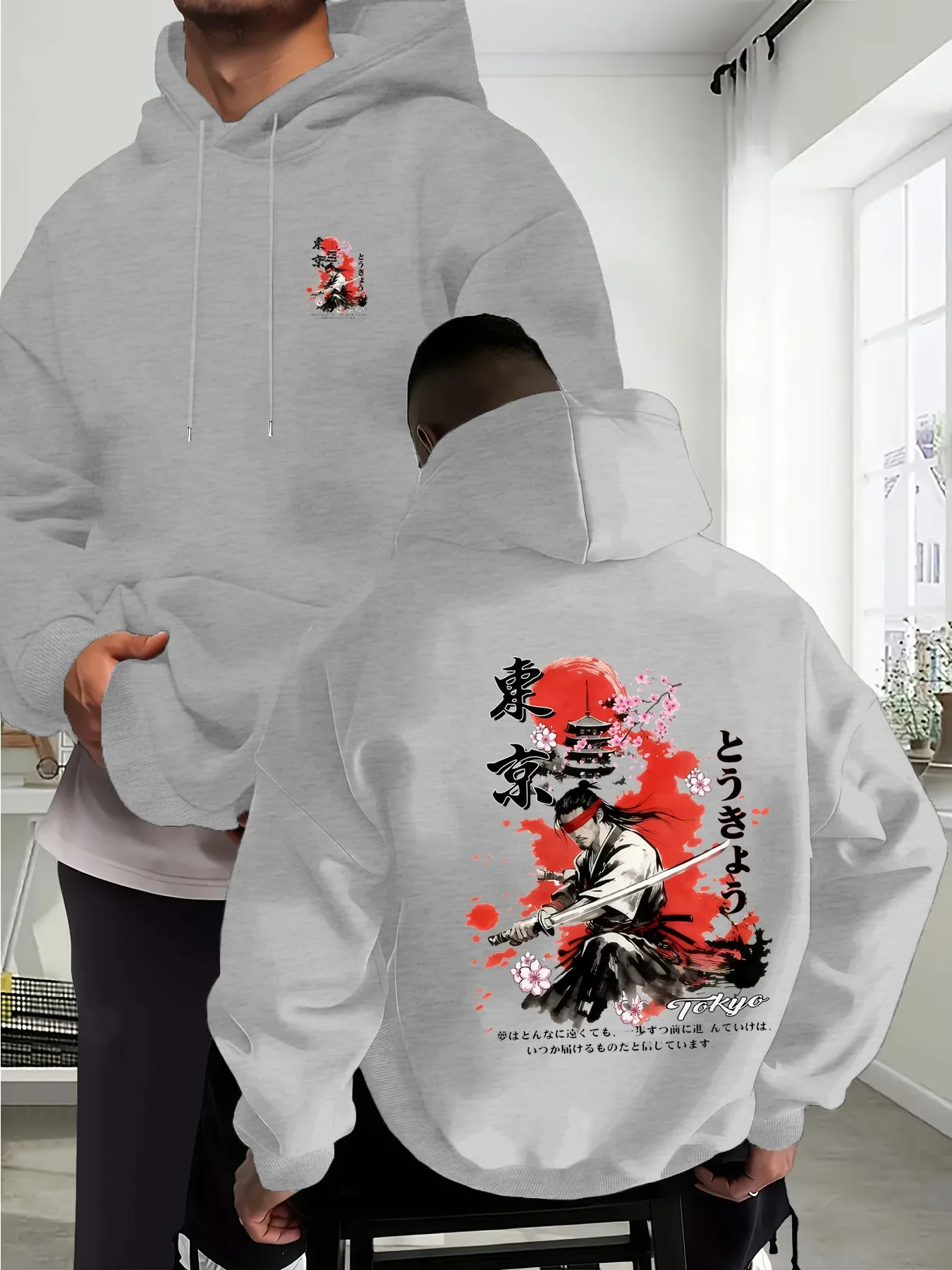 Japanese Samurai Tokyo Cherry Blossom Ink Wash Graphic Print Hoodie Casual Streetwear Pullover Autumn Winter Sweatshirt Unisex