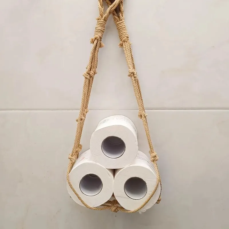 Handwoven Cotton Rope Toilet Paper Holder - Hanging Roll Paper Storage Pocket for Bathroom, Rustic Wall Mount Tissue Organizer