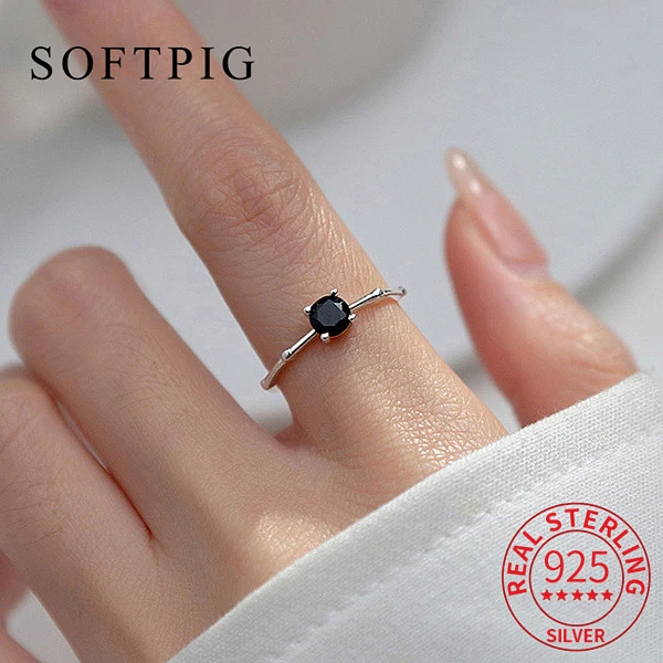 

SOFTPIG Real 925 Sterling Silver Round Zircon Adjustable Wedding Ring For Women Classic Fine Jewelry Minimalist Accessories