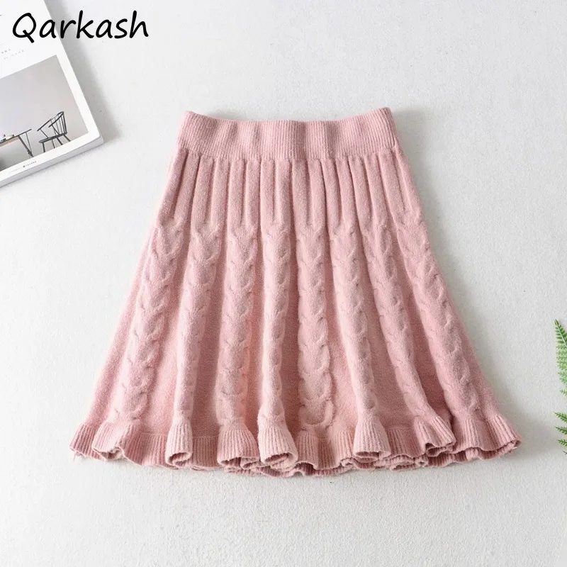 

High-waist Mini Skirts Knitting Solid Sweet Girls Ruffles Preppy Styles Korean-style A-line Trendy Elegant Folds All-match Warm