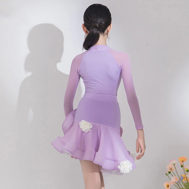 2023 Latin Dance Performance Costumes For Girls Purple Tops Fish Bone Skirt Suit Samba Chacha Kids Latin Dance Clothes DQS14137