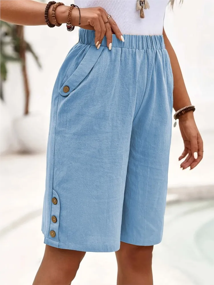 Women's Clothing Shorts Three-quarter Length Pants Solid Color Straight Pants Commuting Simple Style Casual All-match Buttons