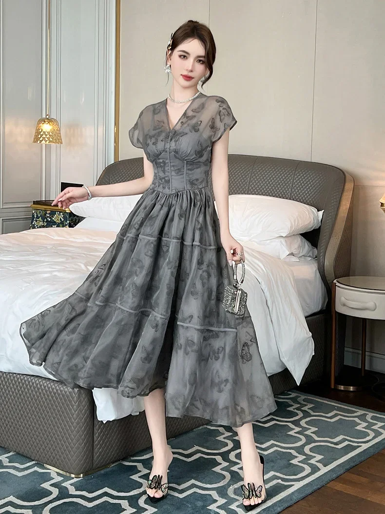 Fashion party 2024 Summer New French Vintage V-neck Floral Midi Bodycon Dress Elegant Gray birthday dresses for women vestidos