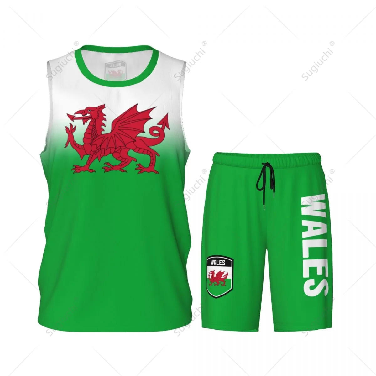 Men Wales Flag Basketball Jersey Set Mesh Shirt & Pants Sleeveless Exclusive Team-up Custom Name Nunber Unisex