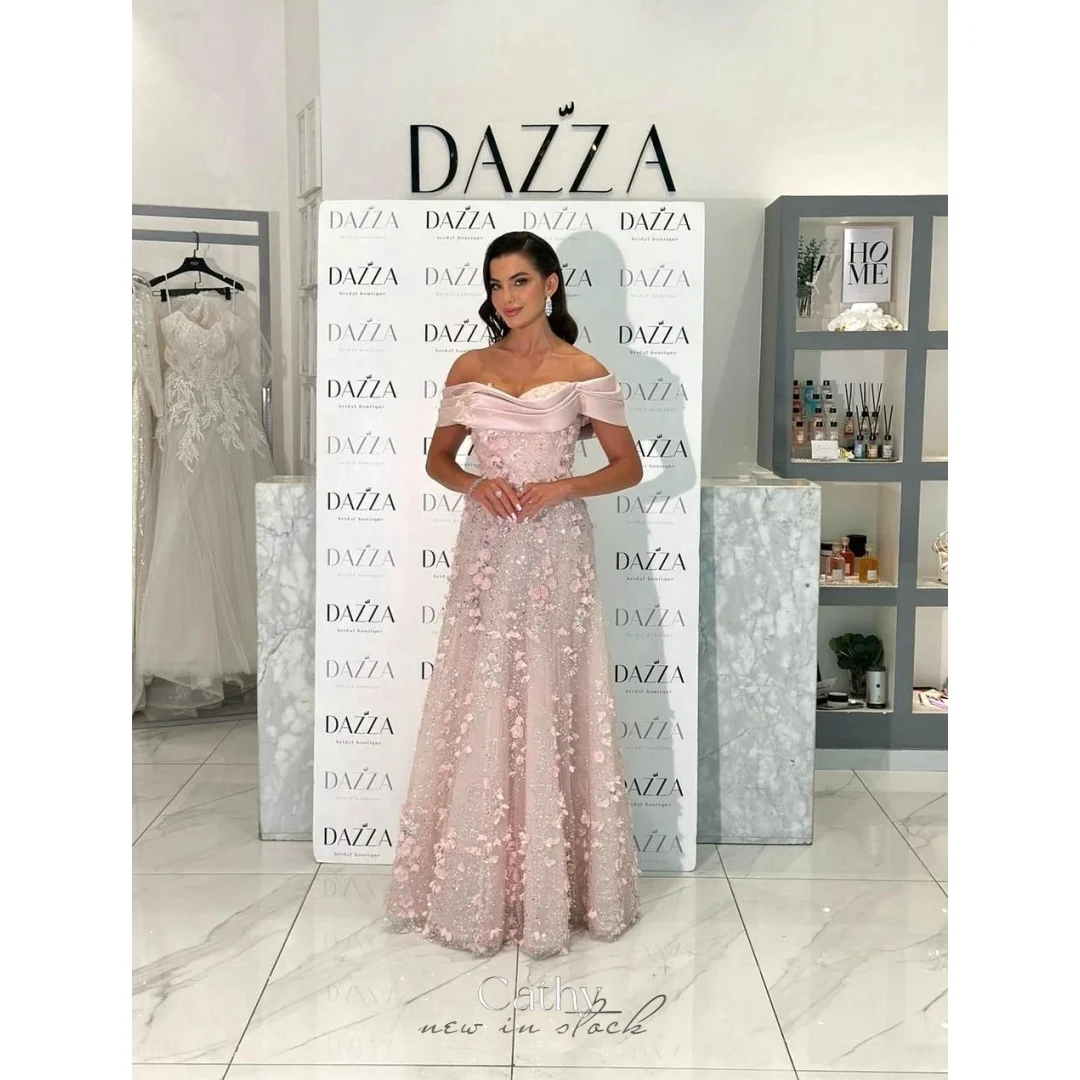 

Cathy Customized A-Line Appliques Off Shoulder Satin Tulle Formal Evening Valentines Day Sequinned Applique Flower