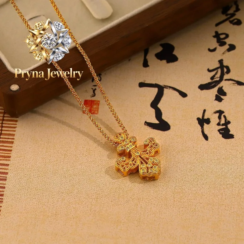 

Pryna Jewelry Light luxury 24K real gold Point diamond iris pendant necklace Fashion 999 pure gold high touch everything cross