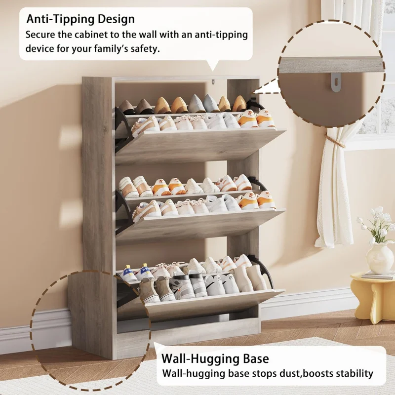 خزانة تخزين الأحذية، منظم أحذية خشبي للمدخل مع 3 أدراج قابلة للطي، رف أحذية قائم بذاته مع رف قابل للتعديل، ضيق #5