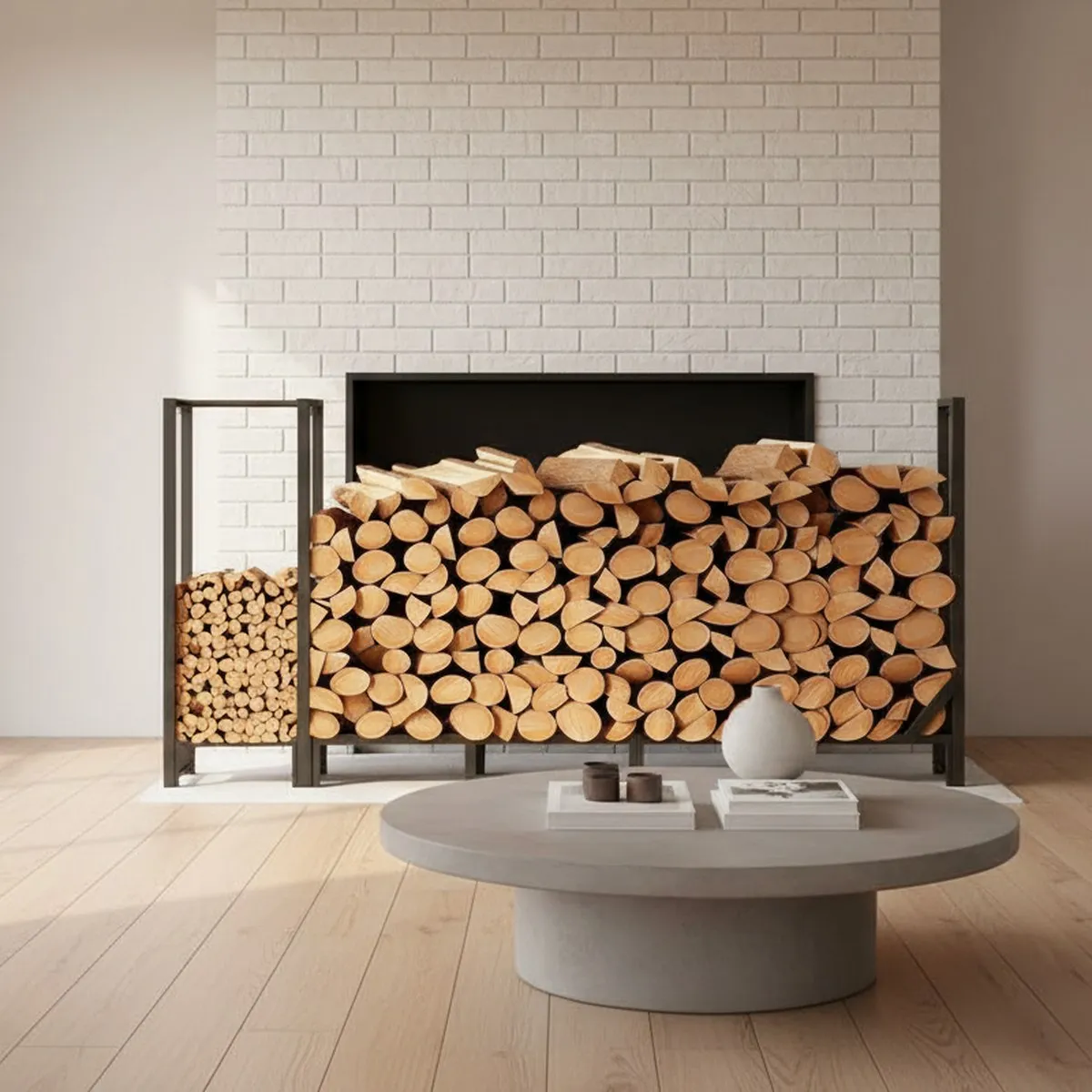 Heavy Duty Firewood Rack 8ft Black Outdoor Log Holder with Kindling Storage Fireplace Wood Pile Organizer
