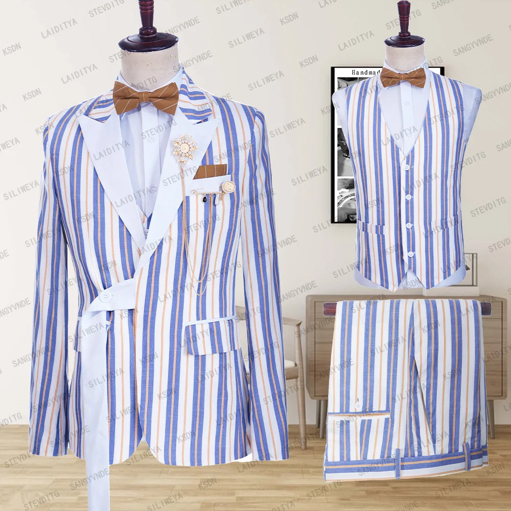 2023Summer Navy Blue Stripe Linen Casual Fit Men Suits With Belt White peak Lapel Comfortable Breathable Coat Vest Pants 3Pcs