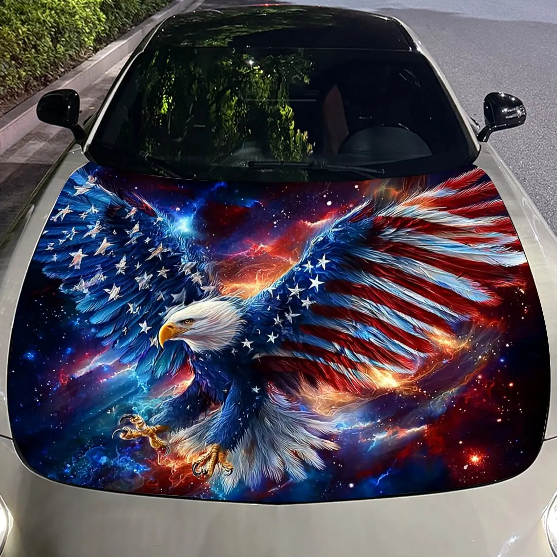 ملصق لاصق لغطاء السيارة على شكل نجمة Spangled Banner Element Eagle - غلاف فينيل متين، مناسب لمعظم المركبات وحماية المحرك وأنيق