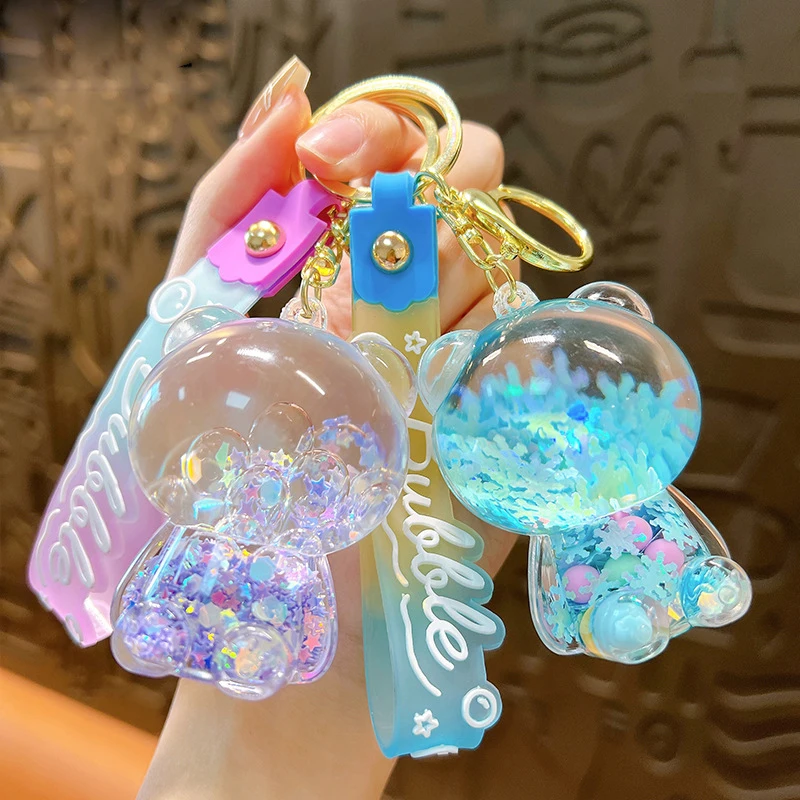 Cartoon Liquid Bear Bottle Keychain Floating Quicksand Sugar Sequin Star Acrylic Keyring Women Men Kids Backpack Key Chains