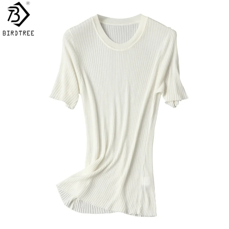 

Футболка Birdtree, 70% шелк, 30% хлопок, с круглым вырезом, однотонная, мягкая, женская, с коротким рукавом, базовая, 2026 New T61035JF