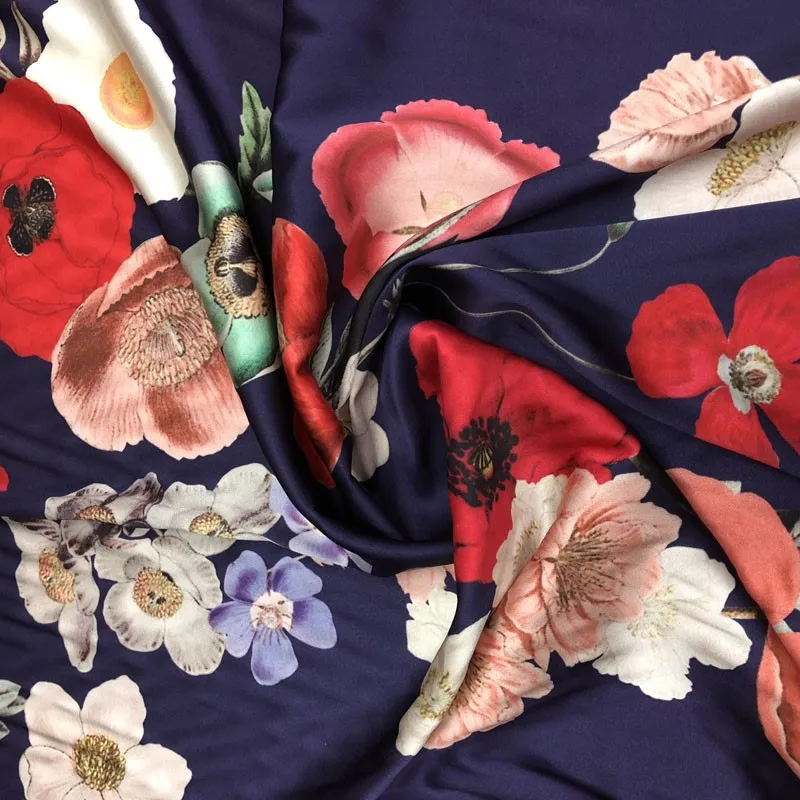 

Violet background Flowers 40momme Stretch heavy silk satin fabric cheongsam skirt shirt