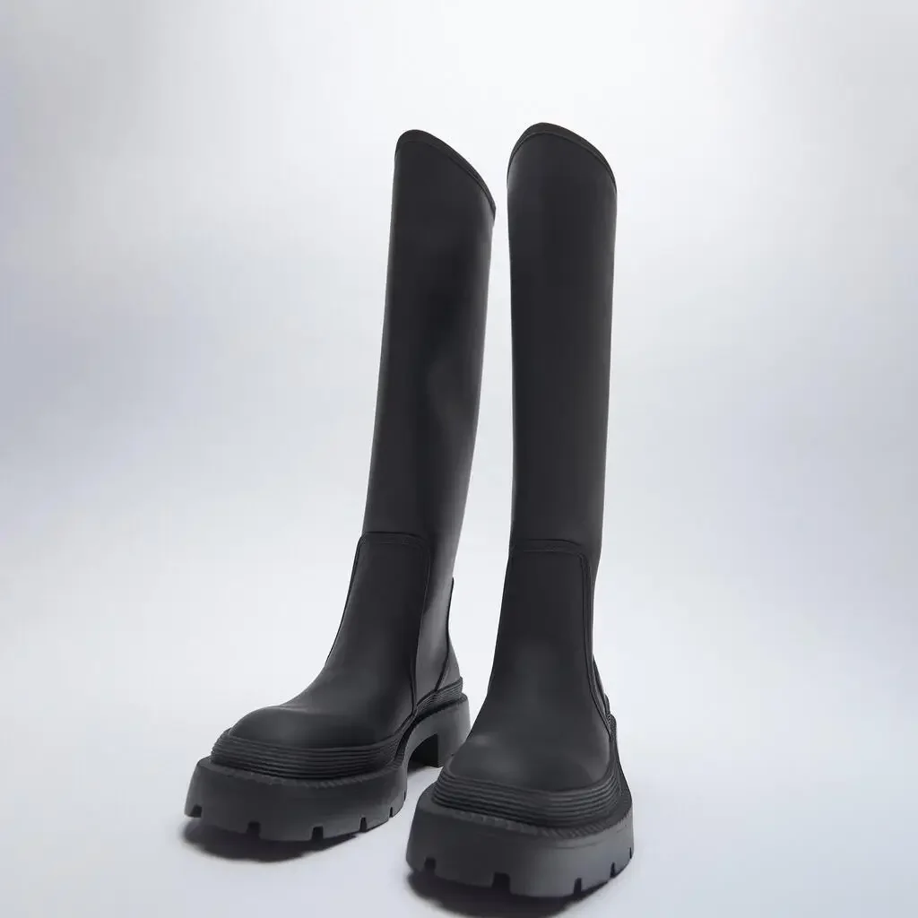 2026 New Style Rain Boots Knee Platform Chunky Heel Long Boots Black/gray Women Fashion Shoes Fleece Lining High Boots