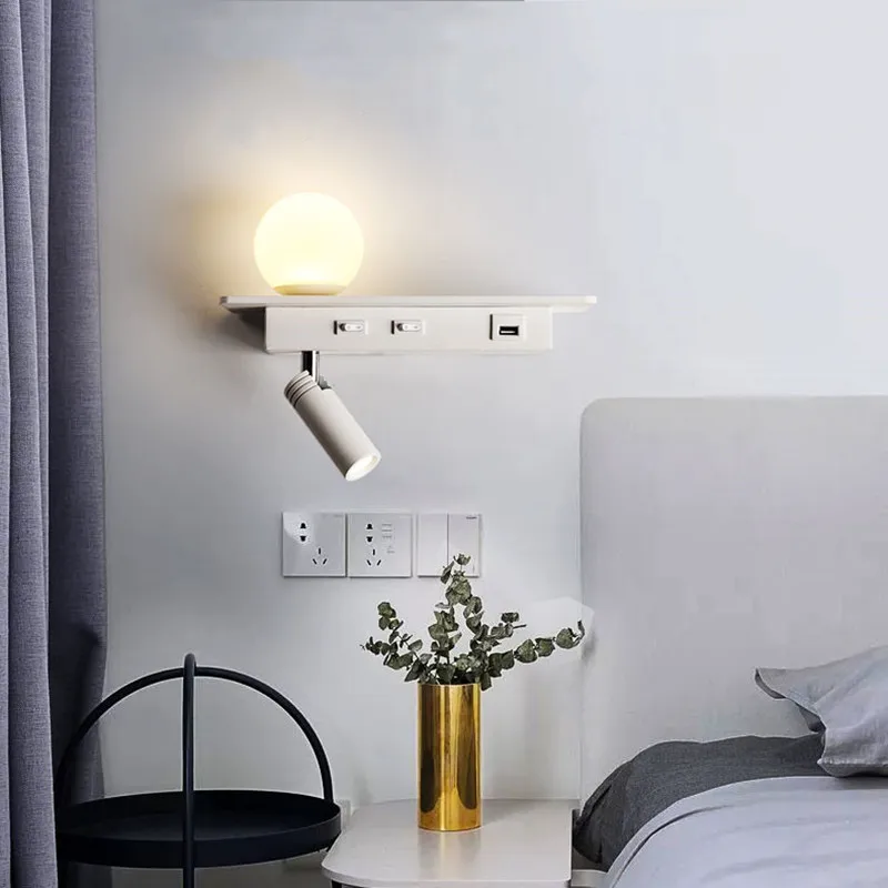 Wall Lamp 360° Universal Reading Lamp LED Bedroom Bedside Light With USB Port Shelf Wireless Charging Hotel Room Wall Light