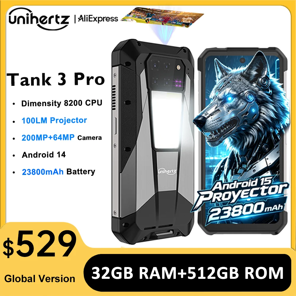 Unihertz Tank 3 Pro 8849 Smartphone robuste 5G Android avec projecteur 100 Lumens 32GB 512GB 23800mAh 6.79 "FHD téléphone étanche