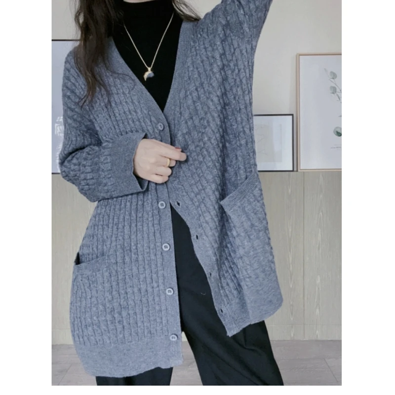 

Your own noble Nordic lazy style V-neck Fried Dough Twists medium long loose cardigan thin wool coat