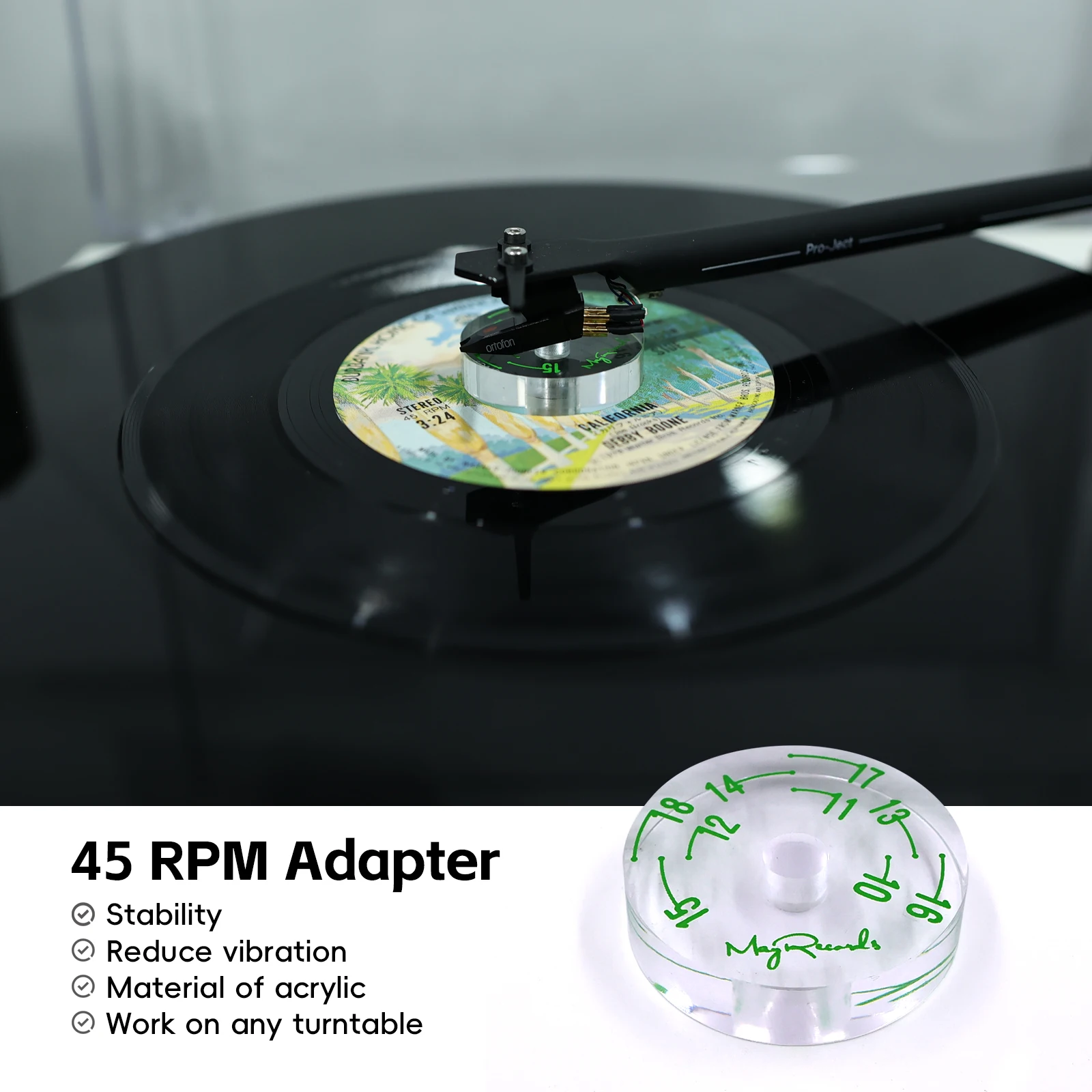 Hot Economic 45 RPM Overreach Turntable Adapter Transparent Vinyl Acrylic Center Adapter 7 inch EP Record Turntable Phonograph