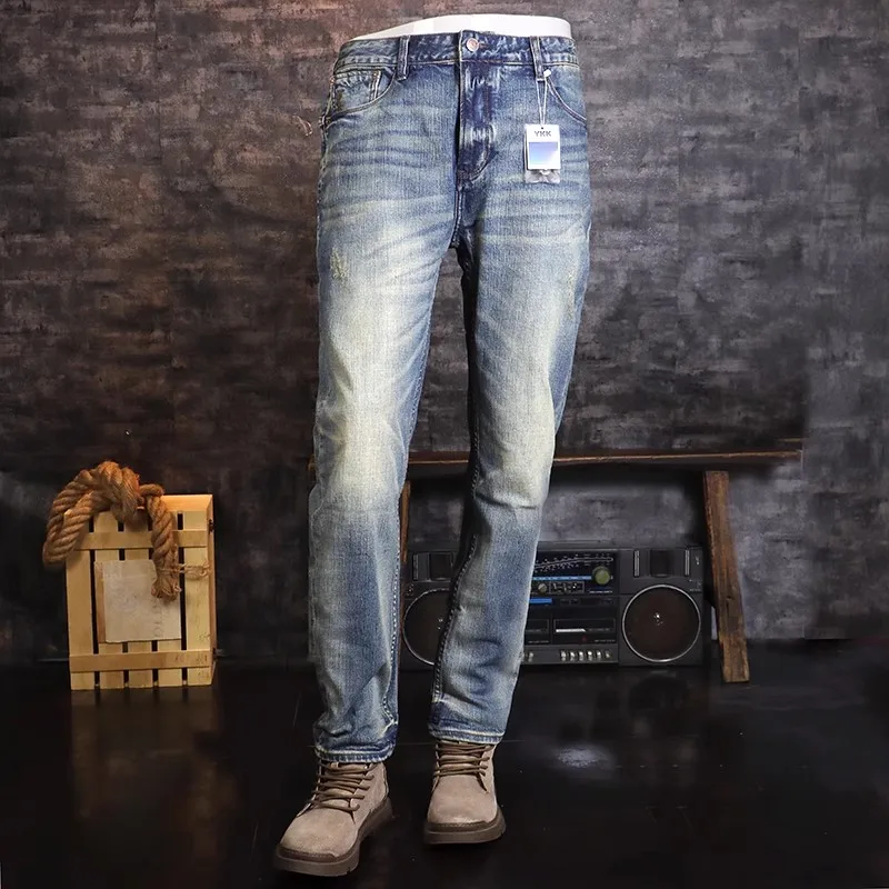 Jeans sobek pas badan elastis pria, celana Denim kasual Retro kualitas tinggi, celana jins Vintage pria