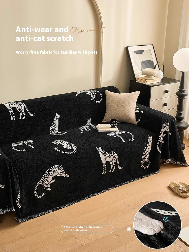 Leopard Chenille Sofa Cover Scratch-Proof Couch Protector Non-Slip 3/4 Seater Pet-Friendly Stretchable Sofa Blanket for Home