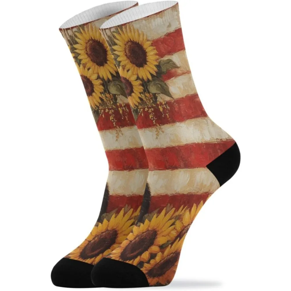 Funny Crazy Dress Socks for Boys Girls for Casual Christmas Holiday Gifts American Flag Cute Cat Sunflowers