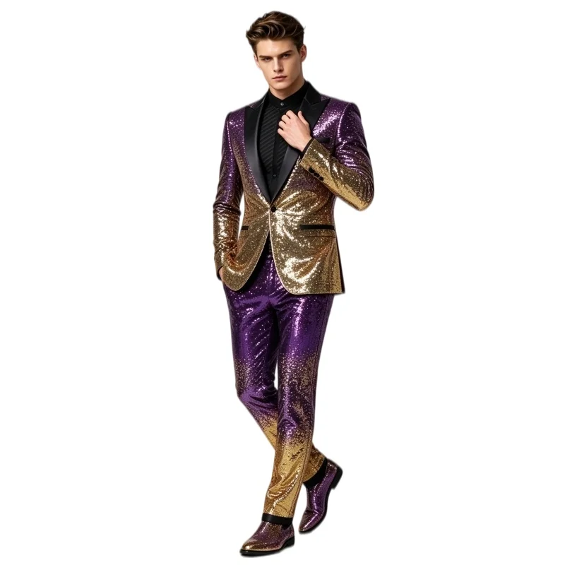 Luxury Men's Wedding Suit Sparkly Sequins Blazers Pants 2 Pieces Banquet Prom Evening Party Set Singer Host Stage Tuxedo Costume