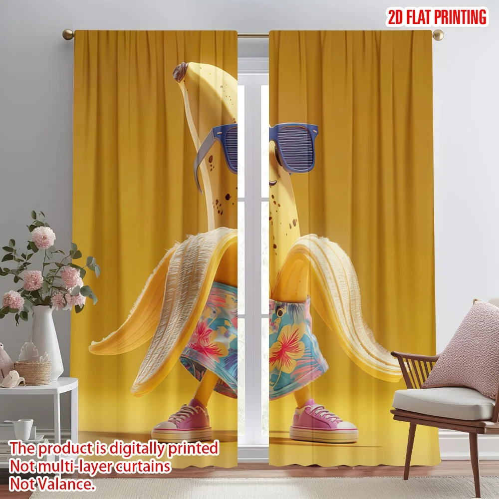 

2D flat printing 2pcs Window Curtains Cool Banana in Shorts Digital Printed Polyester Drapes Festive Holiday for Indoor