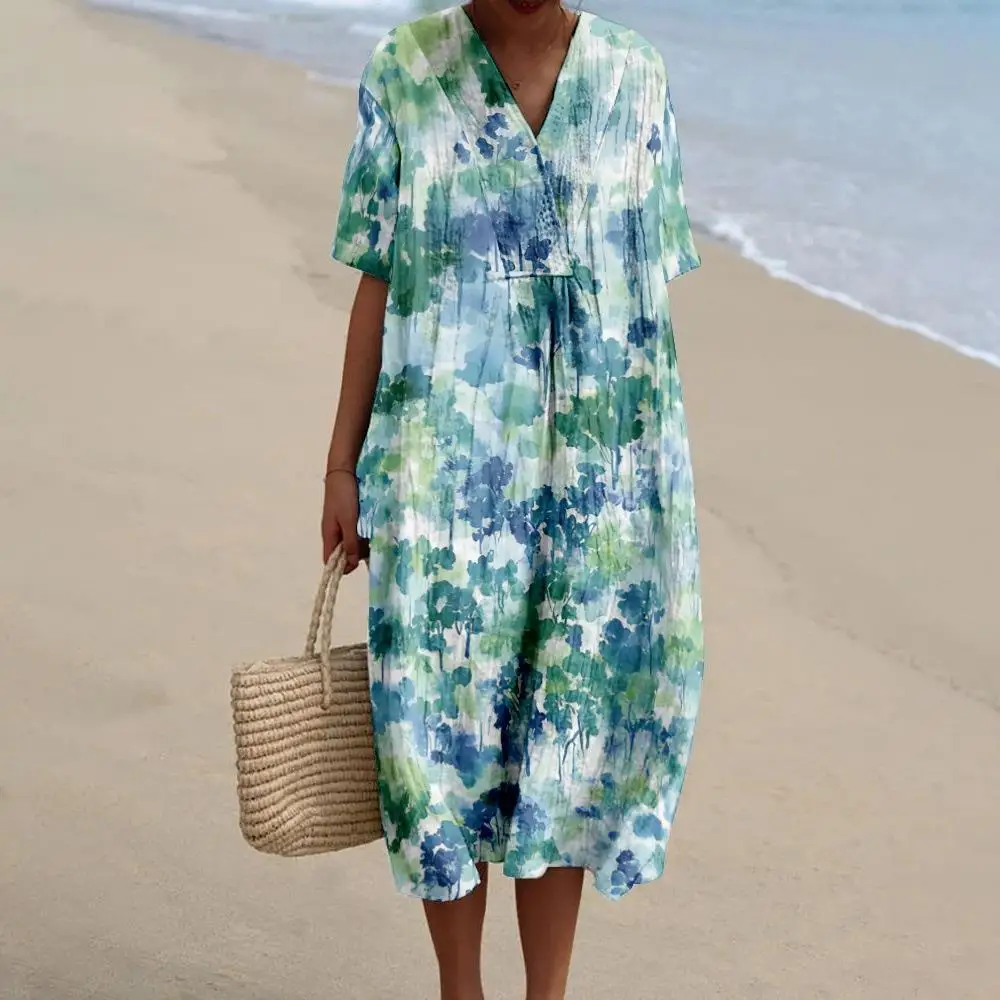 Vestido com Estampa Floral e Decote Largo, Camiseta de Manga Curta com Estampa para Mulheres, Estilo Básico, Coleção de Verão