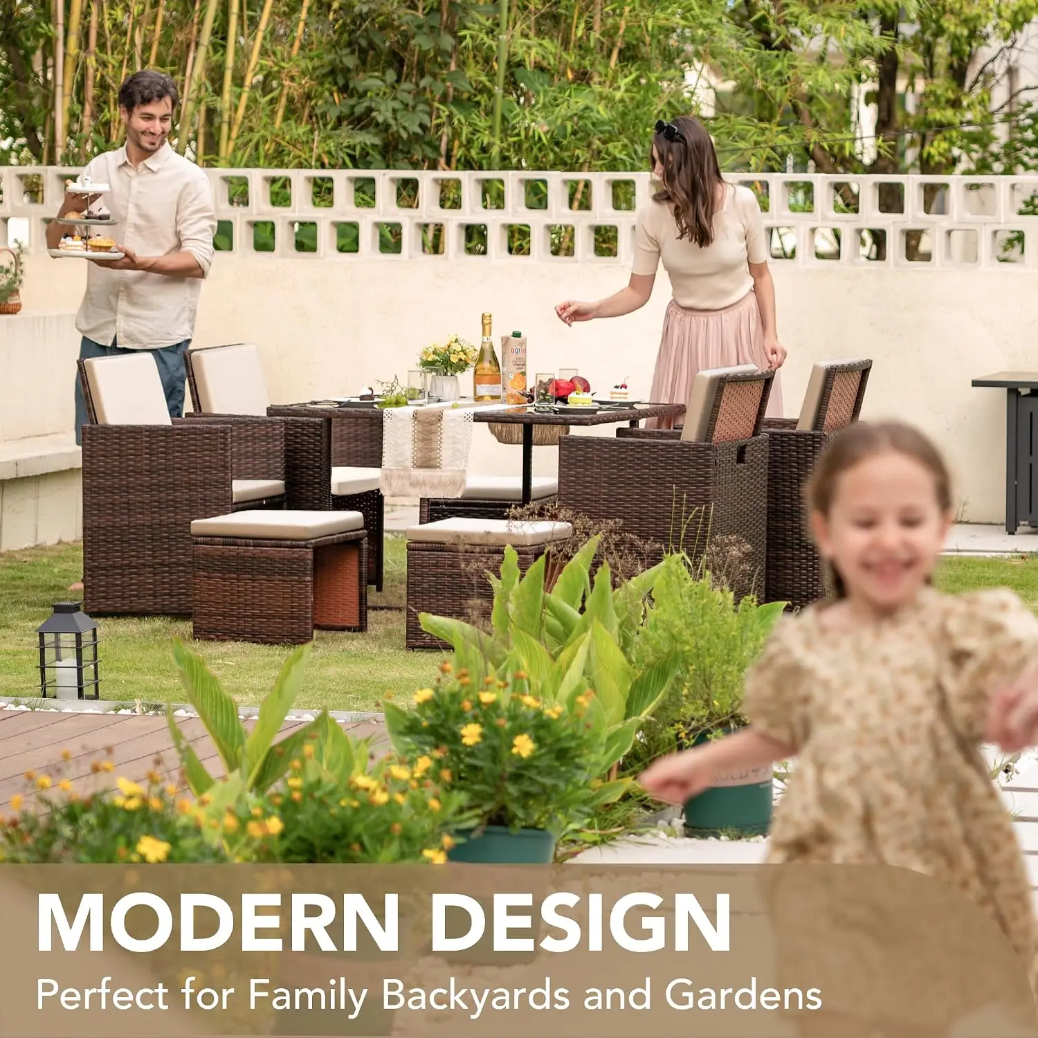 9 Pieces Patio Dining Sets Outdoor Space Saving Furniture Sets,Beige | Patio Conversation Set Rattan Chairs with, Customized