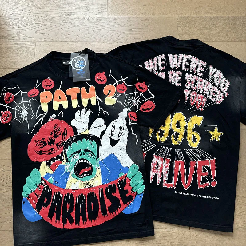 الرجعية الأمريكية العصرية العلامة التجارية loween طباعة Waed القطن ort Sve تي شيرت الشارع Sle القطن الخالص فضفاضة تناسب جولة Ne #1