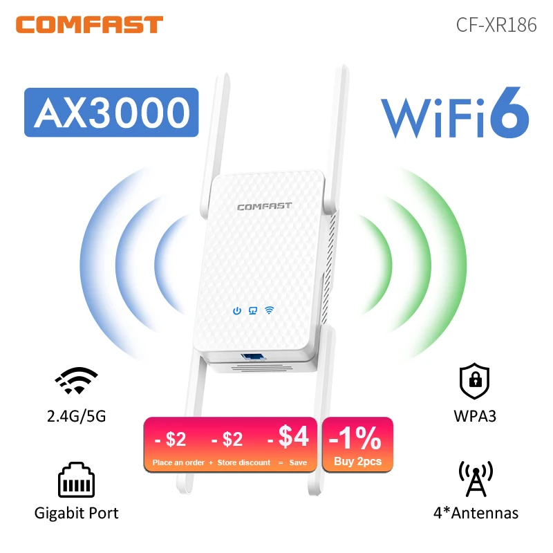 Repetidor Wifi6 De 3000Mbps, Amplificador De señal Wifi 2,4G, 5G, 1200-2100Mbps, 4 antenas