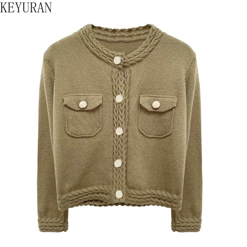 2024 Autumn Autumn Knitted Cardigan Sweater Coat Women Vintage Fashion V-neck Long Sleeve Solid Casual Knitwear Crop Tops Jumper