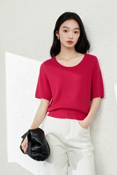 VIMLY Summer Women Cooling Knitted Short Sleeve T-Shirts Simple Casual Round Neck Pullovers Breathable Cropped Versatile Tops