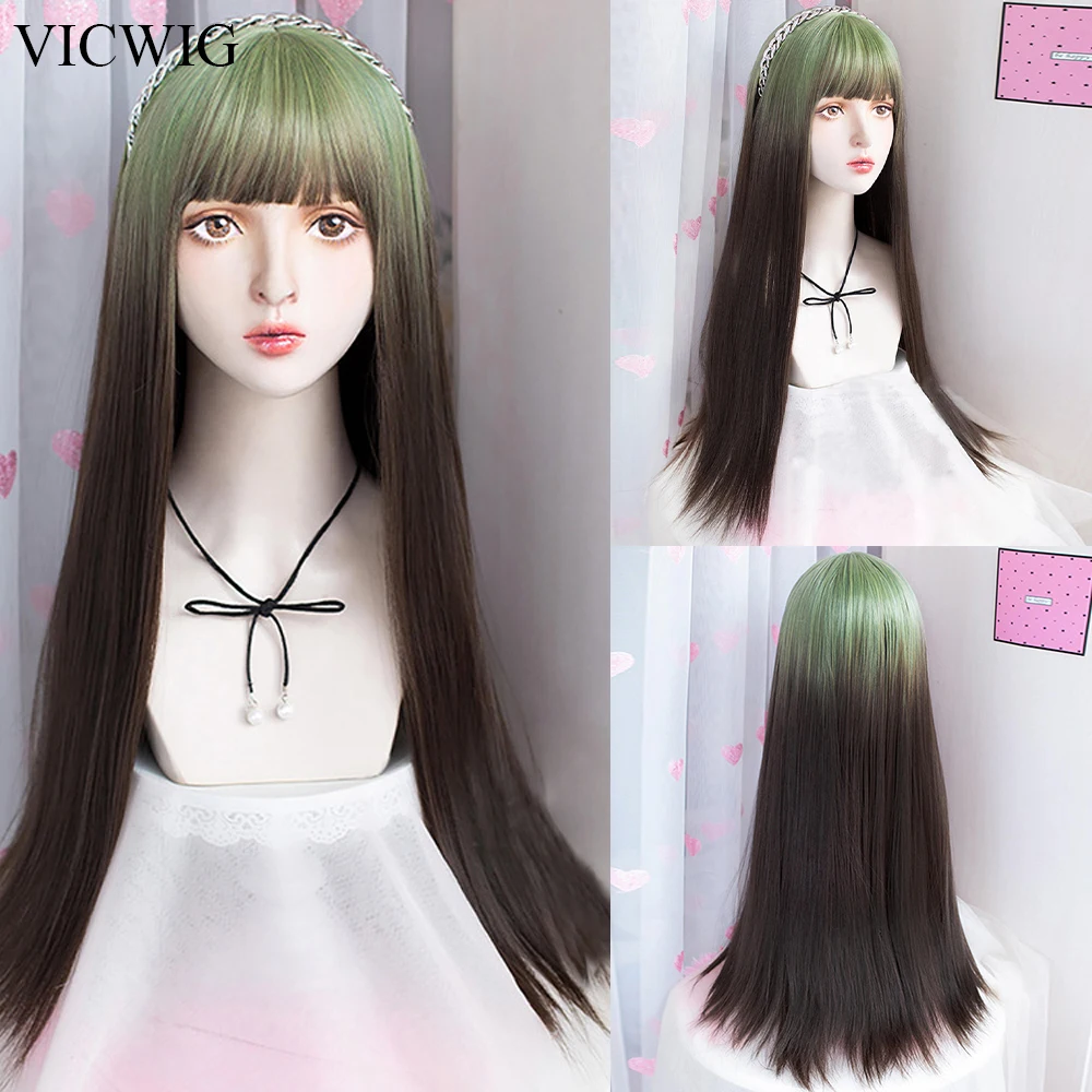 

GAKA Synthetic Long Straight Wigs with Bangs Ombre Green Brown Gradient Women Natural Lolita Cosplay Hair Wig for Daily Party