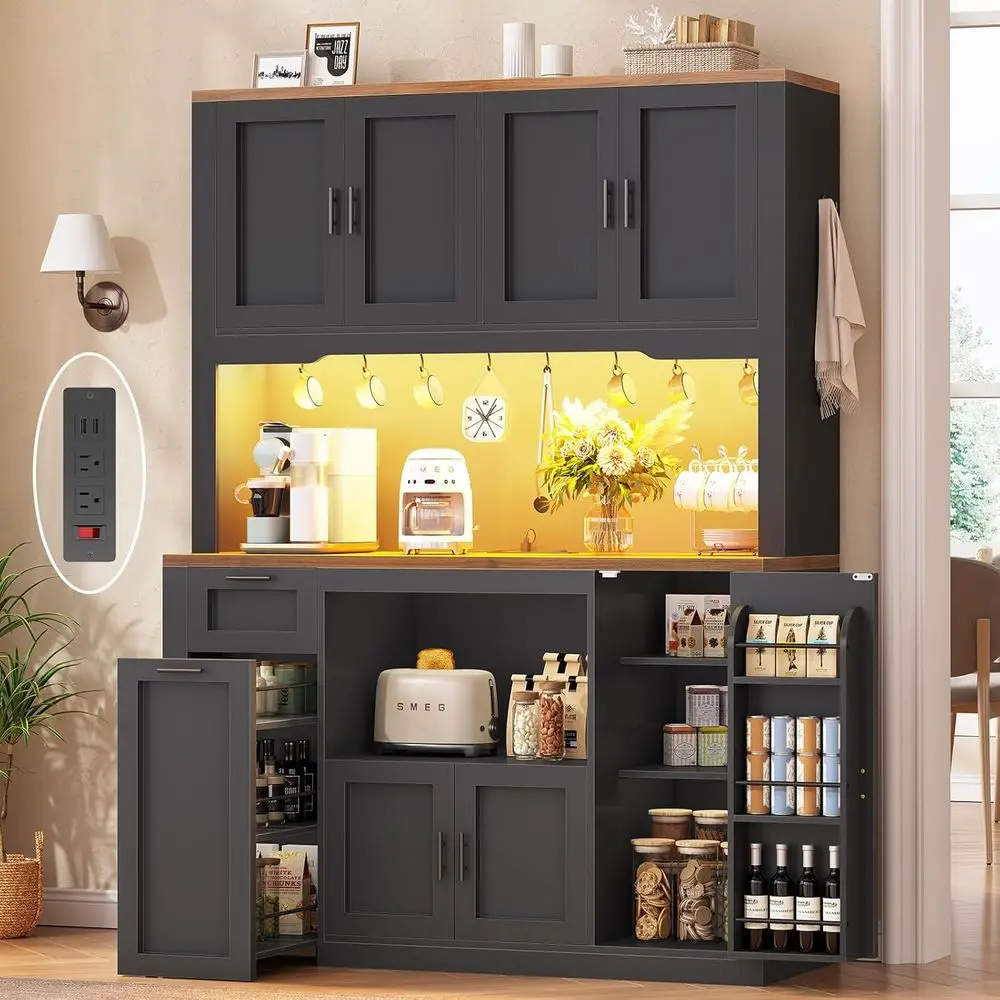 47.2 Black Kitchen Pantry Cabinet with LED Lighting, Charging Station, and 3-Tier Storage Cart for Dining