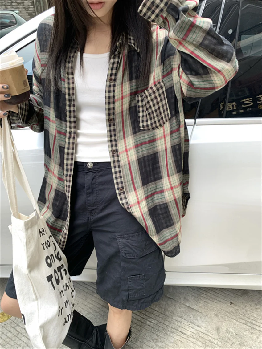 Alien Kitty Chic Vintage Sunscreen Coats Shirts Women 2024 Loose Autumn Office Lady Plaid New All Match Mujer Casual Daily