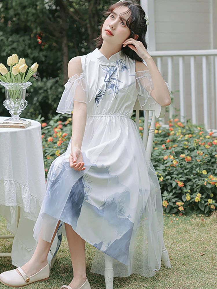 レディースファッション プリント パッチワーク メッシュ ミディ丈ワンピース 夏 オフショルダー シック カジュアル ホリデーワンピース 2025 韓国ファッション ボディコン ドレス