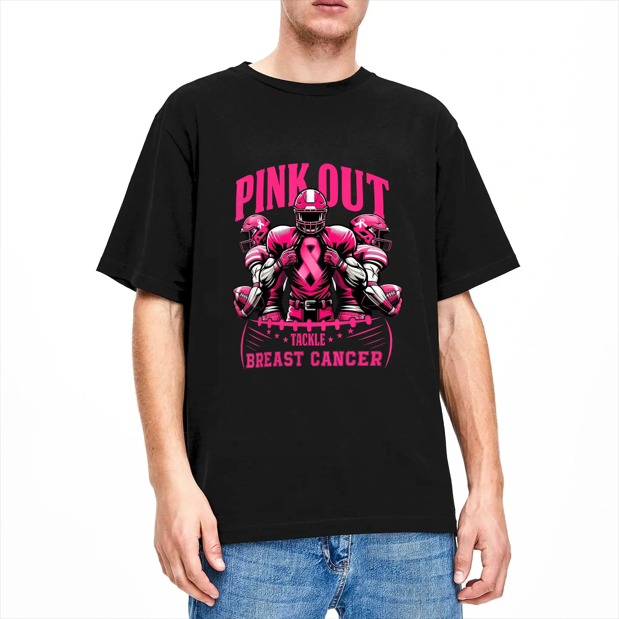 Men's T-Shirt Pink Out Tackle Breast Cancer Awareness Football Pink Ribbon Funny Cotton Tees Short Sleeve  T Shirts Round Neck
