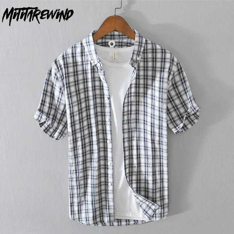 

Summer Harakuju Plaid Shirt Men Daily Casual Short Sleeve Shirts Square Collar 100% Cotton Shirt Fashion Simple Men Tops Youth