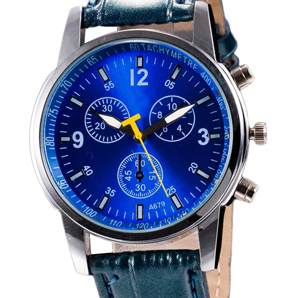 Men Analog Business Watch Leather Band Small Working Sub-dials Arabic Number Quartz Wristwatch