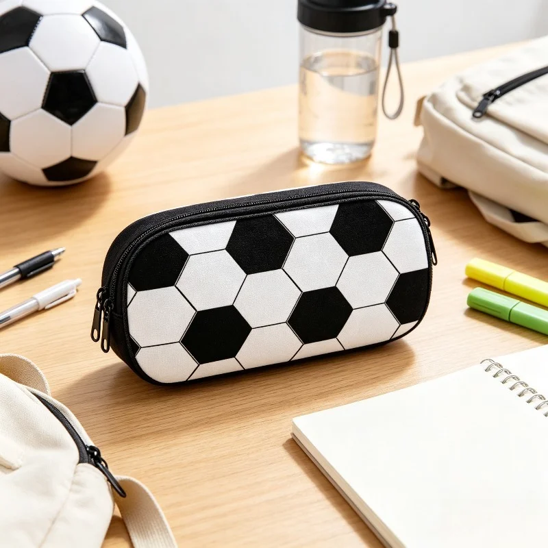 1Pc Sports‑Print Pencil Case for Soccer Baseball Basketball Volleyball, double‑layer small‑capacity stationery storage bag
