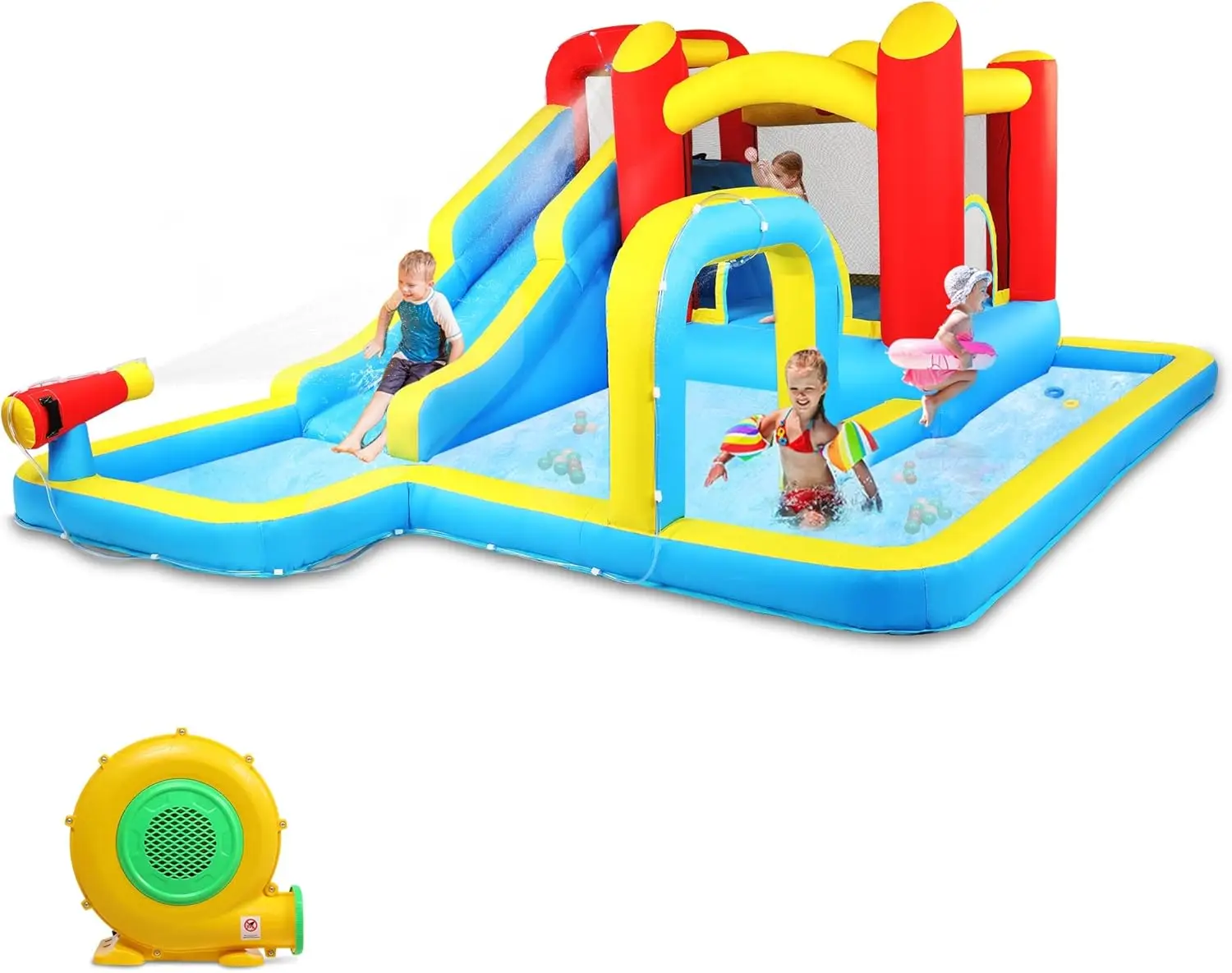 Opblaasbare Waterglijbaan, Buiten Opblaasbaar Bounce Huis W/Luchtblazer, Zwembad, Klimmuur & Waterpistool, Springkussen Voor Kinderen