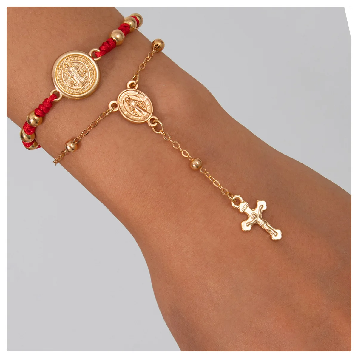 Vintage Portrait Pendant Punk Layered Bracelet Ethnic Cross Tassel Alloy Handmade Boho for Women
